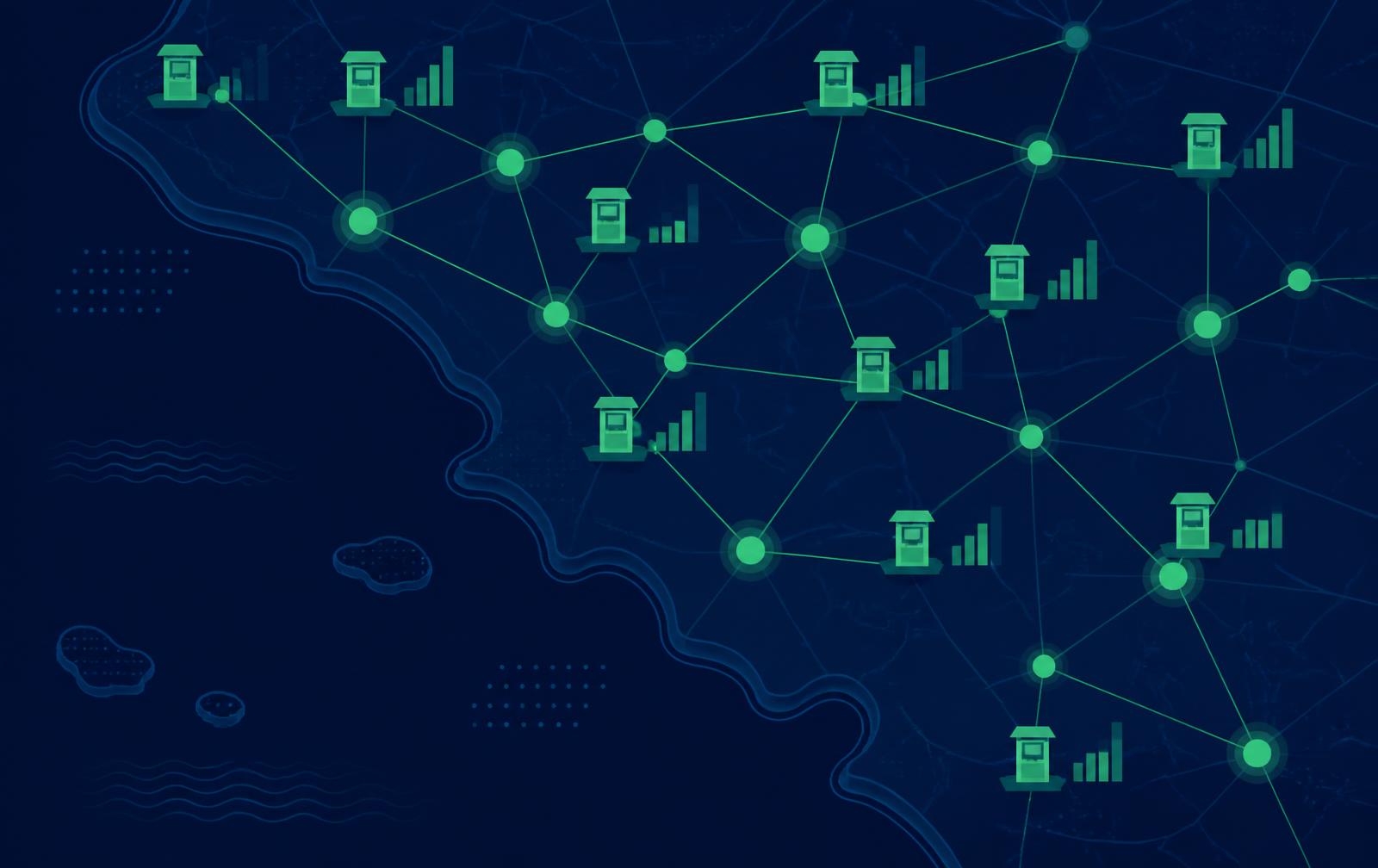 Illustration of an agent cash network as connected nodes with float indicators
