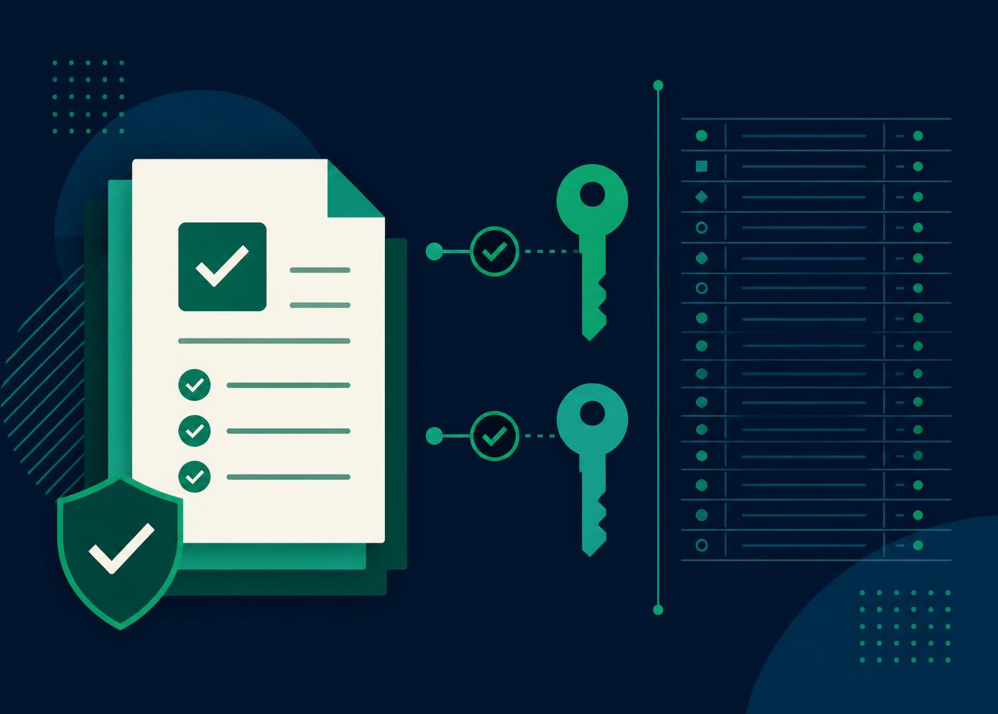 Illustration of review checklists, dual-approval keys, and an audit trail ledger