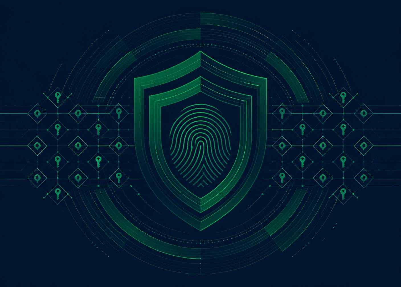 Illustration of layered platform security: shield, key lattice, and identity contours